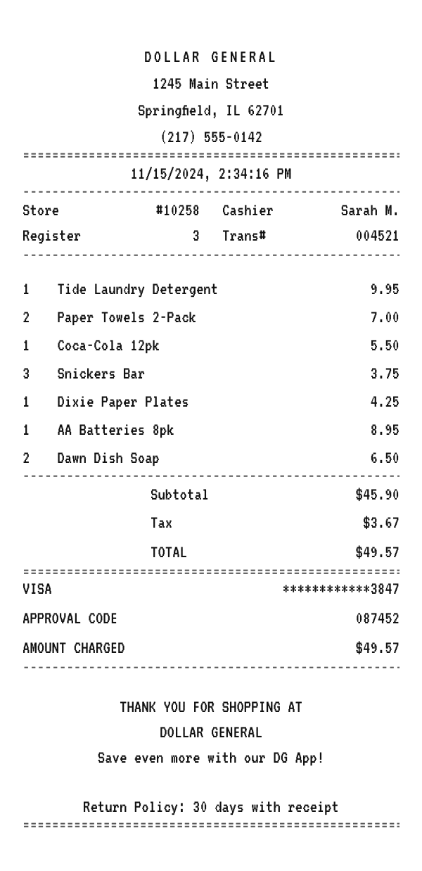Dollar General receipt example