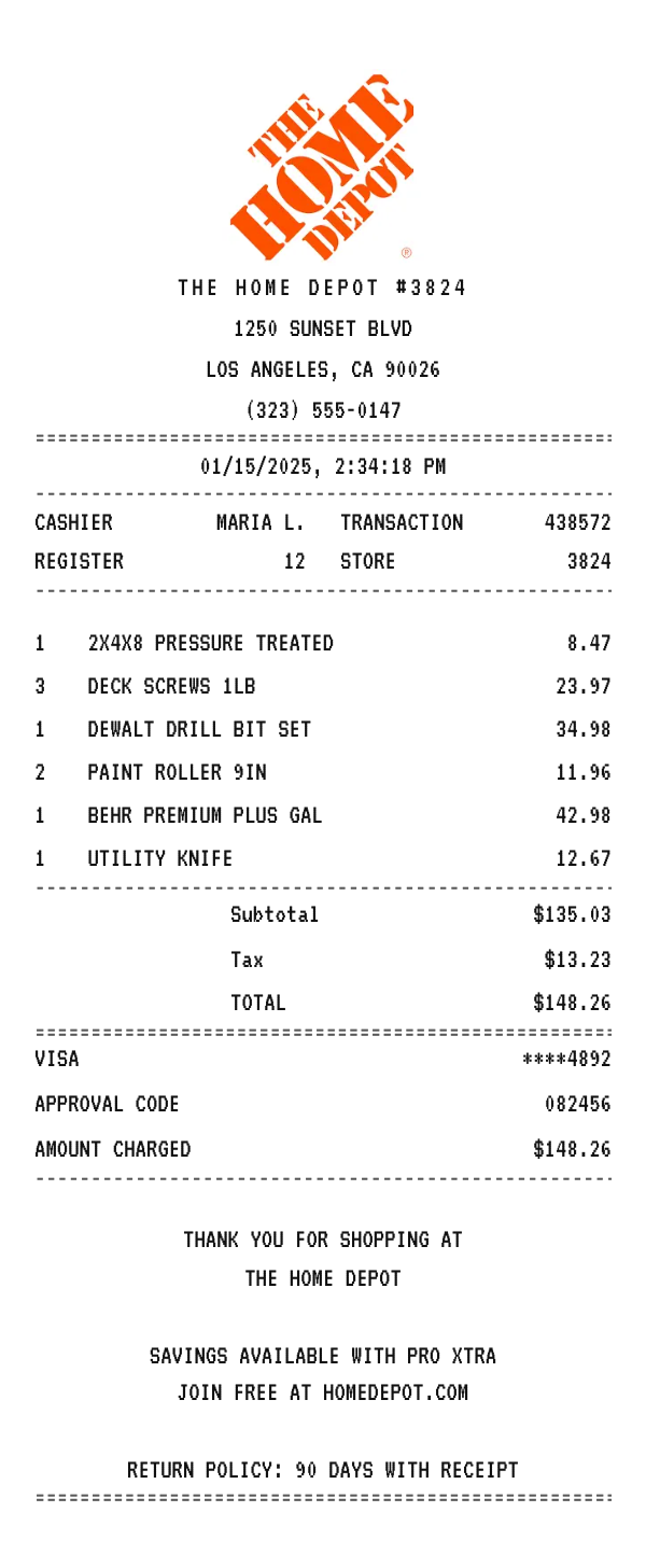 Home Depot receipt example