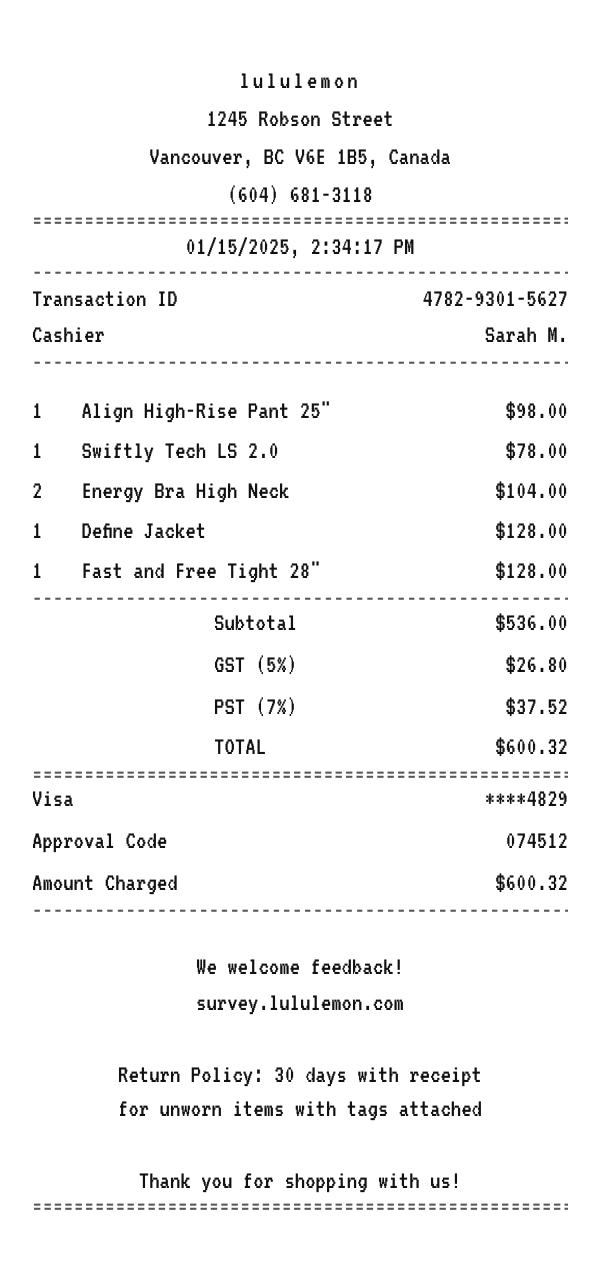 lululemon receipt example