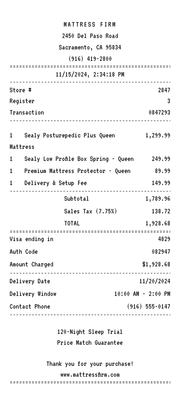 Mattress Firm receipt example