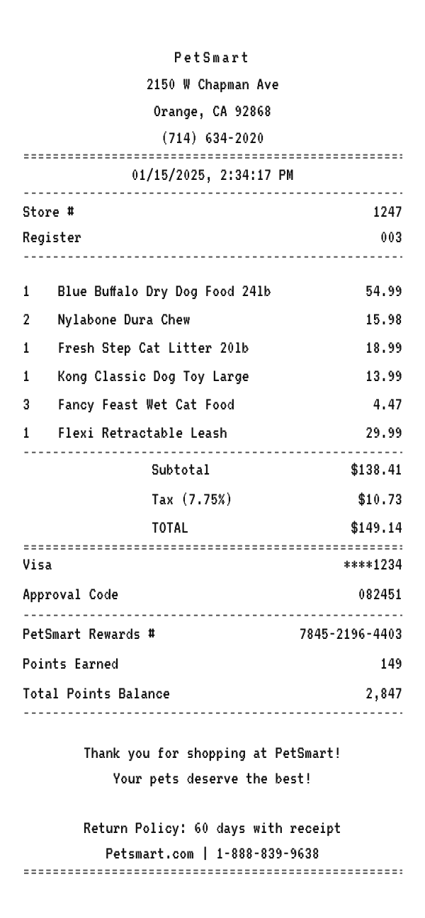 PetSmart receipt example