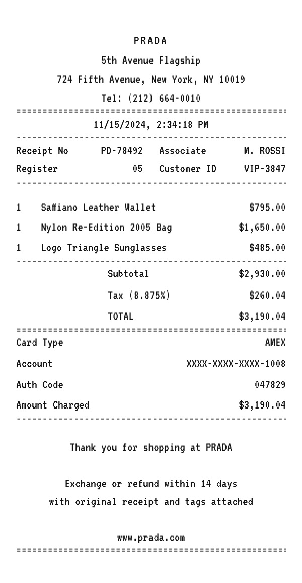 Prada receipt example