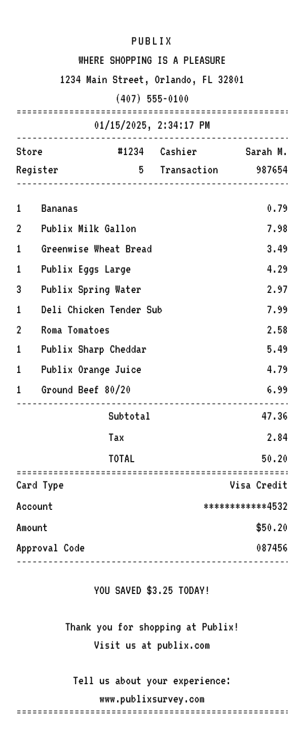 Publix receipt example