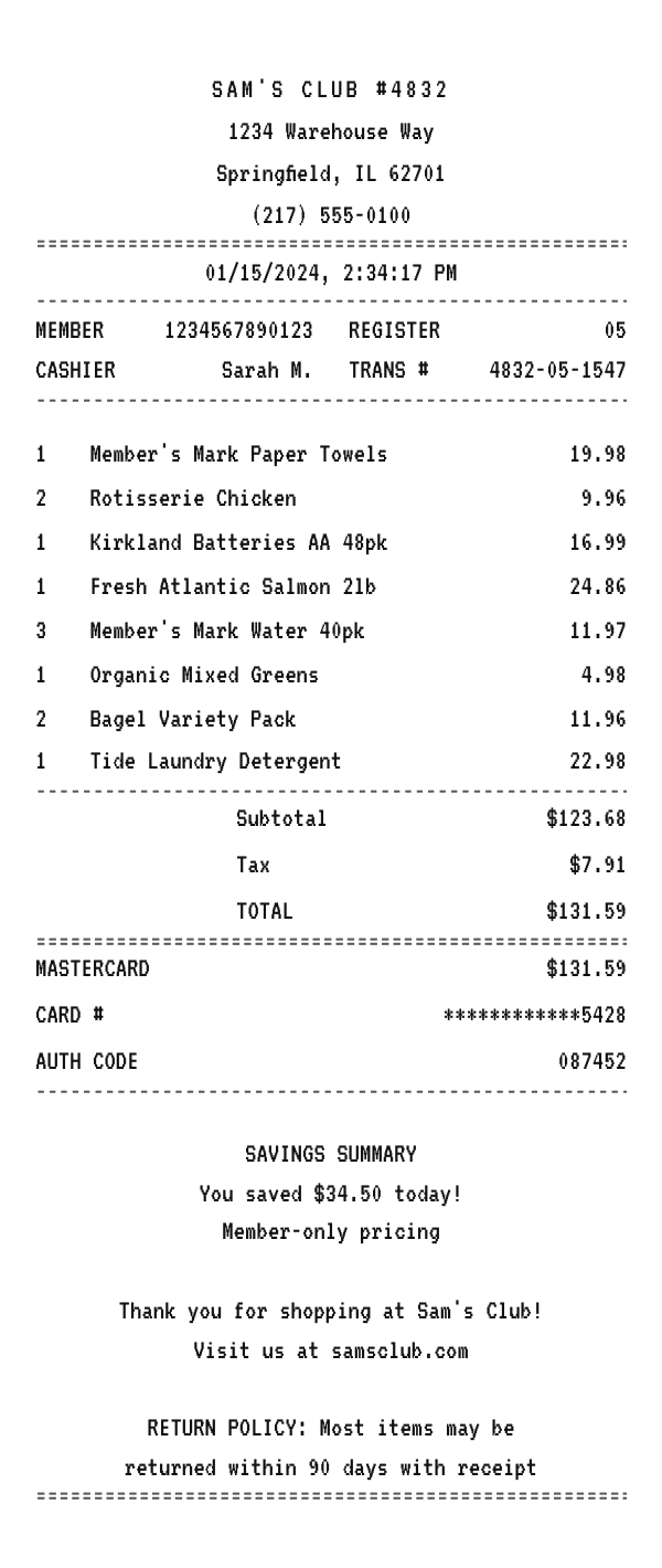 Sam's Club receipt example
