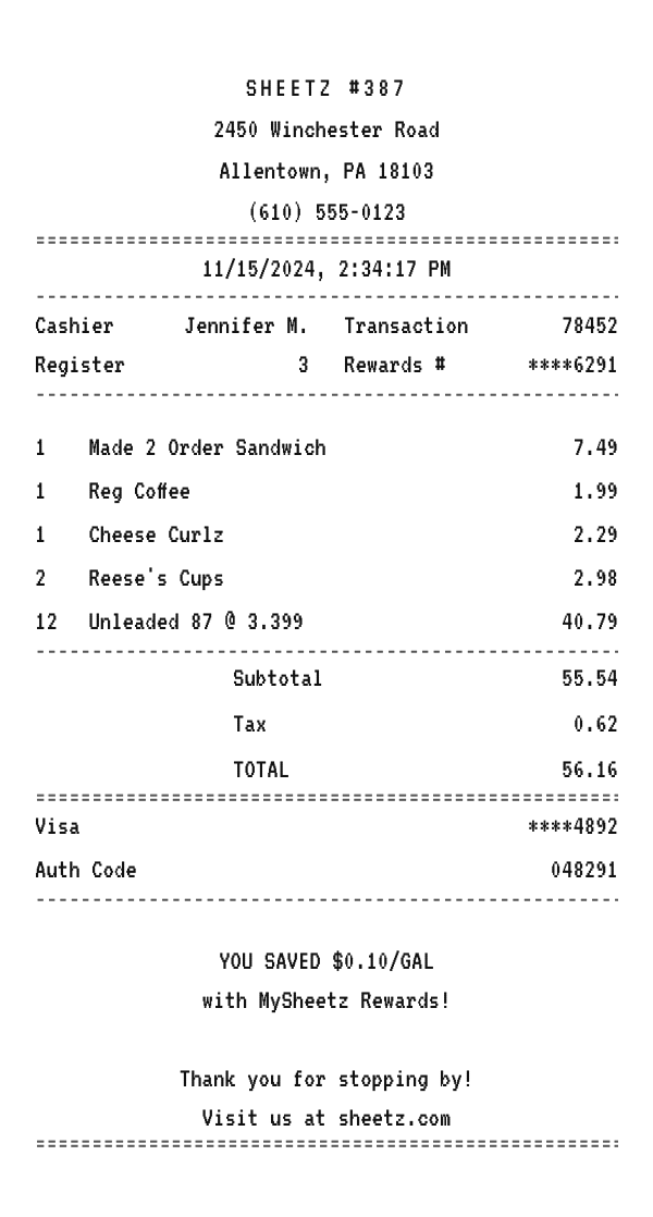 Sheetz receipt example