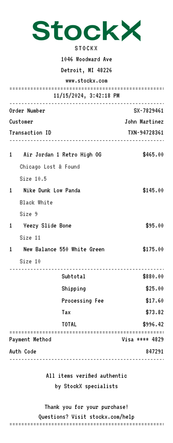 StockX receipt example