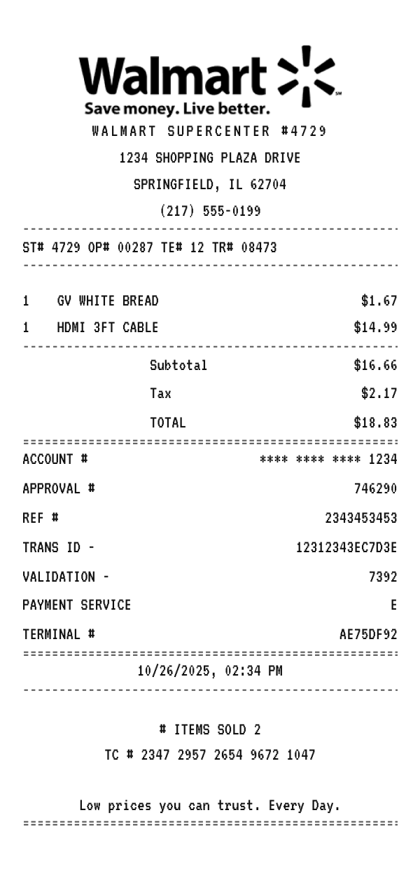 Walmart receipt example